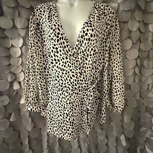 PerSeption Concept Cream and Black Animal Print Wrap Blouse